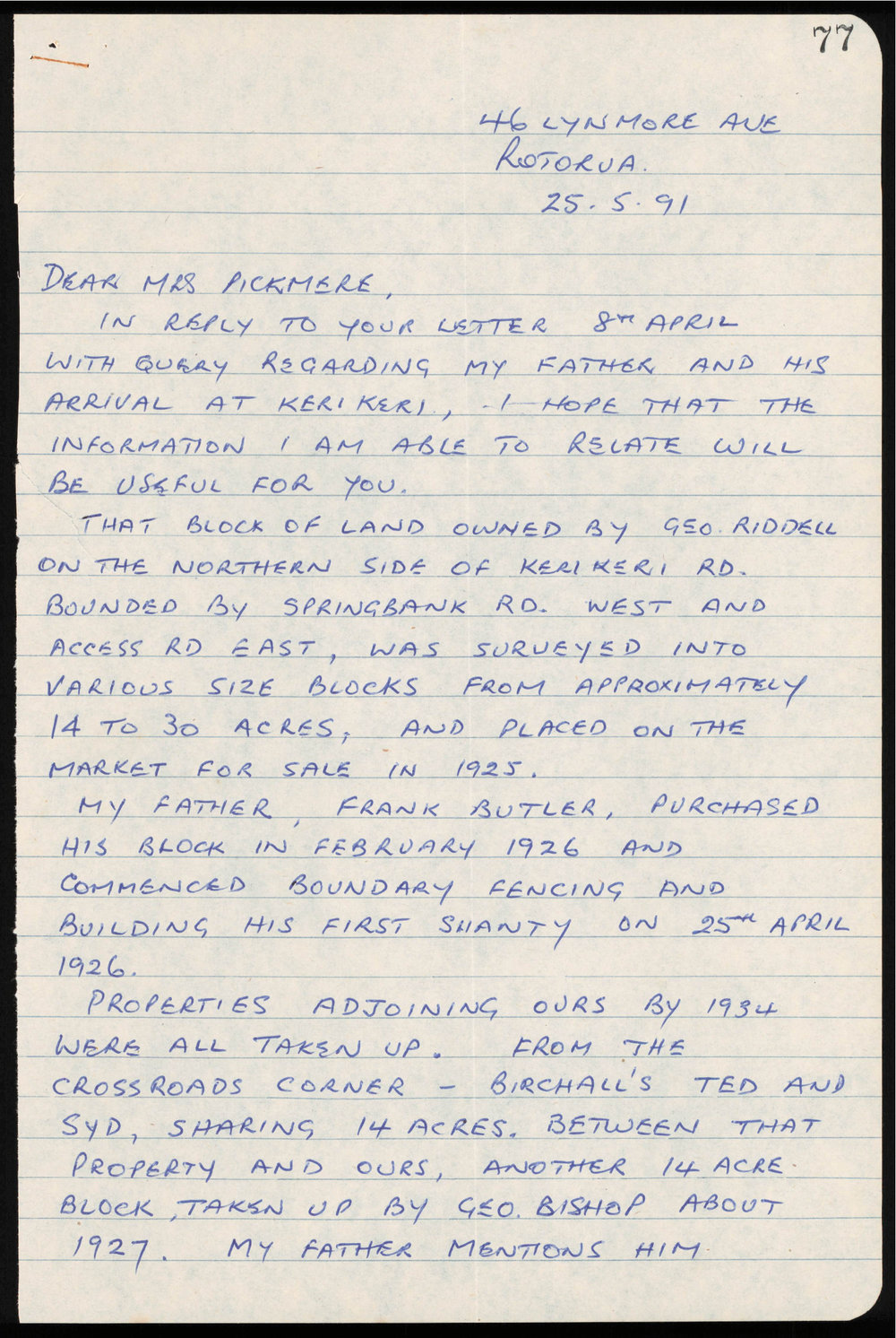 Letter from Raymond Butler to Nancy Pickmere