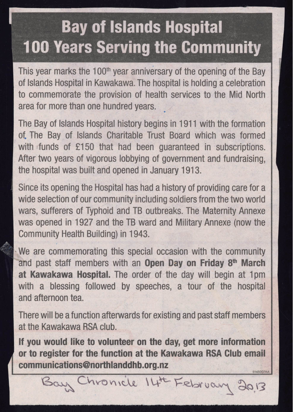 Bay of Islands Hospital : 100 years serving the community