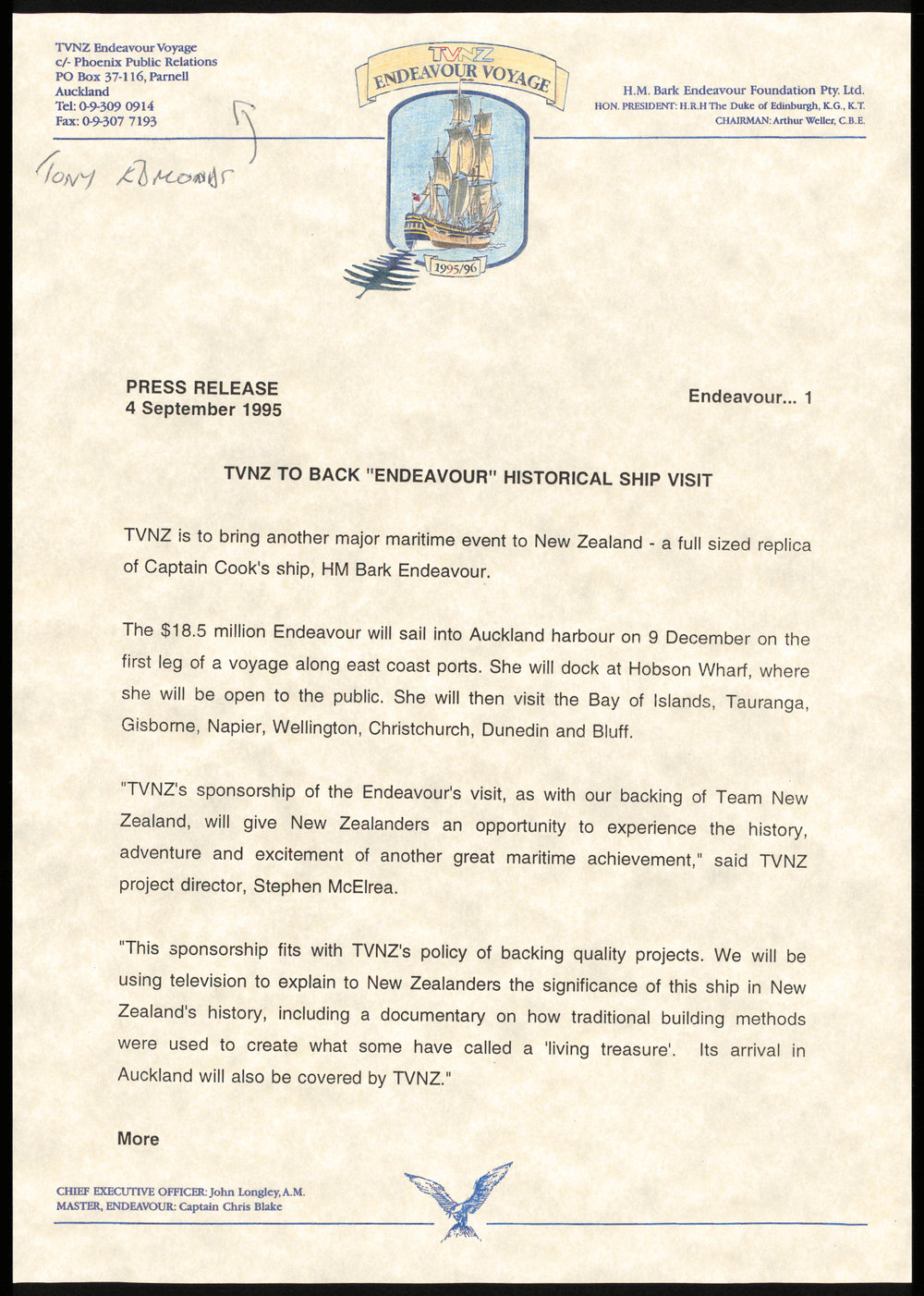 Press release : TVNZ to back "Endeavour" historical ship visit