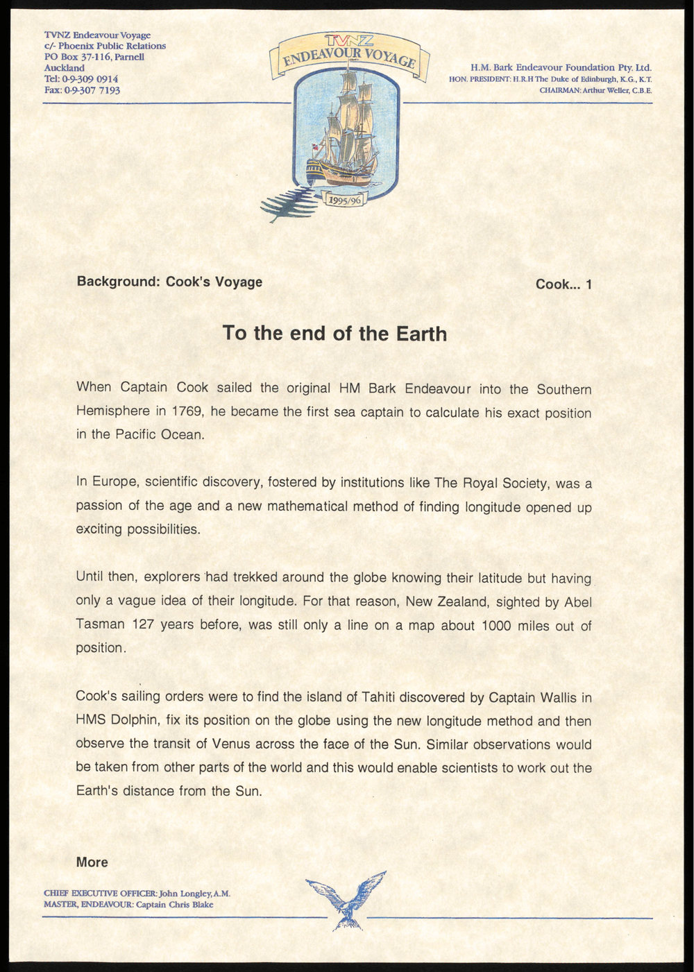 Press release : Background: Cook's Voyage : To the end of the Earth