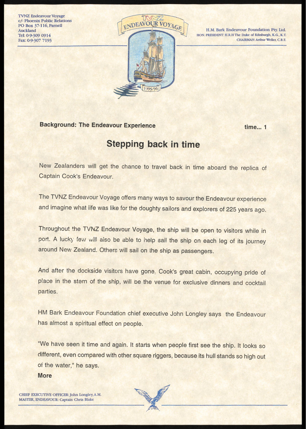 Press release : Background: The Endeavour Experience : Stepping back in time