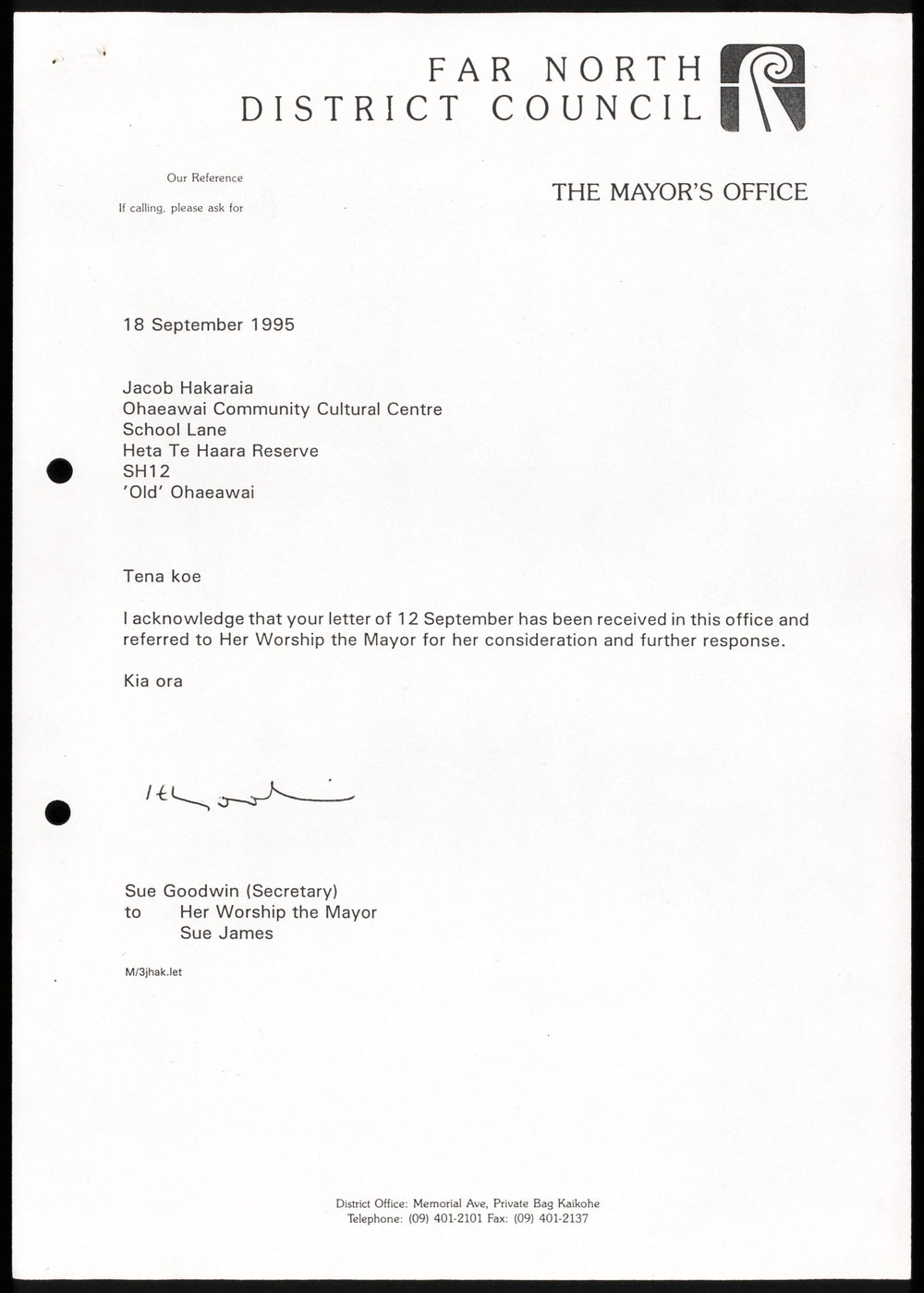 Letter from Mayor Sue James to Jacob Hakaraia