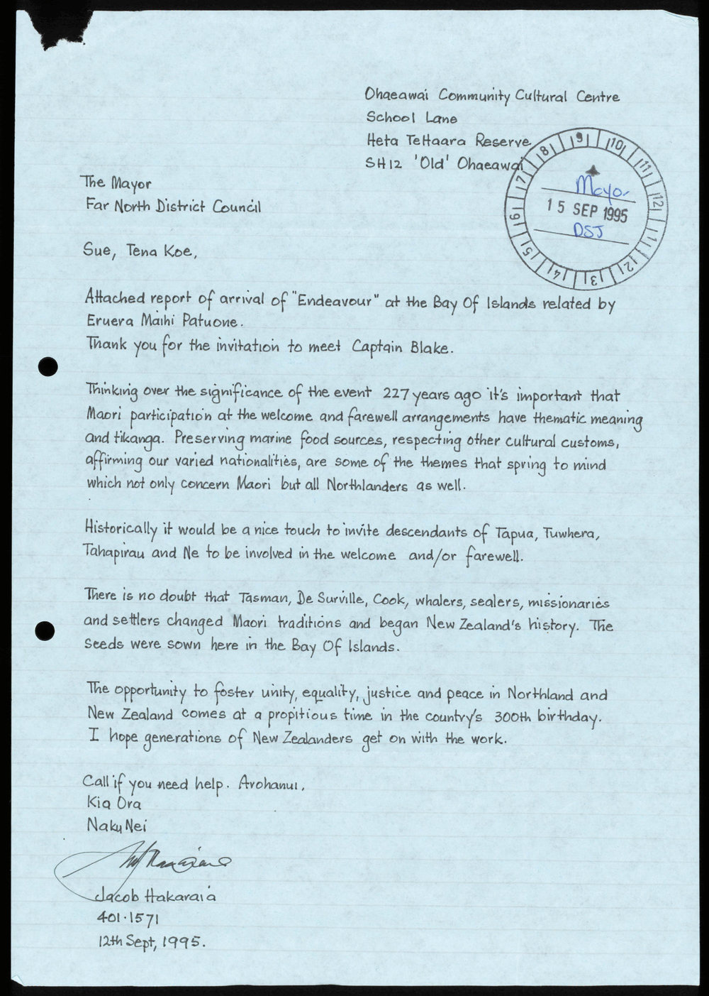 Letter from Jacob Hakaraia to Mayor Sue James