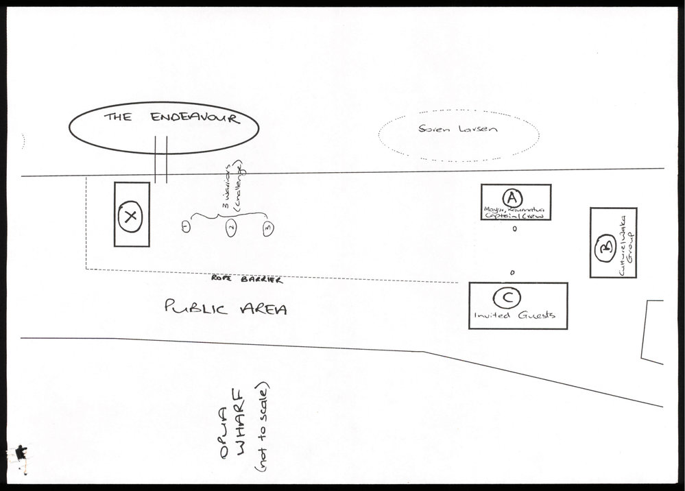 Sketched layout of the welcome of HM Bark Endeavour II