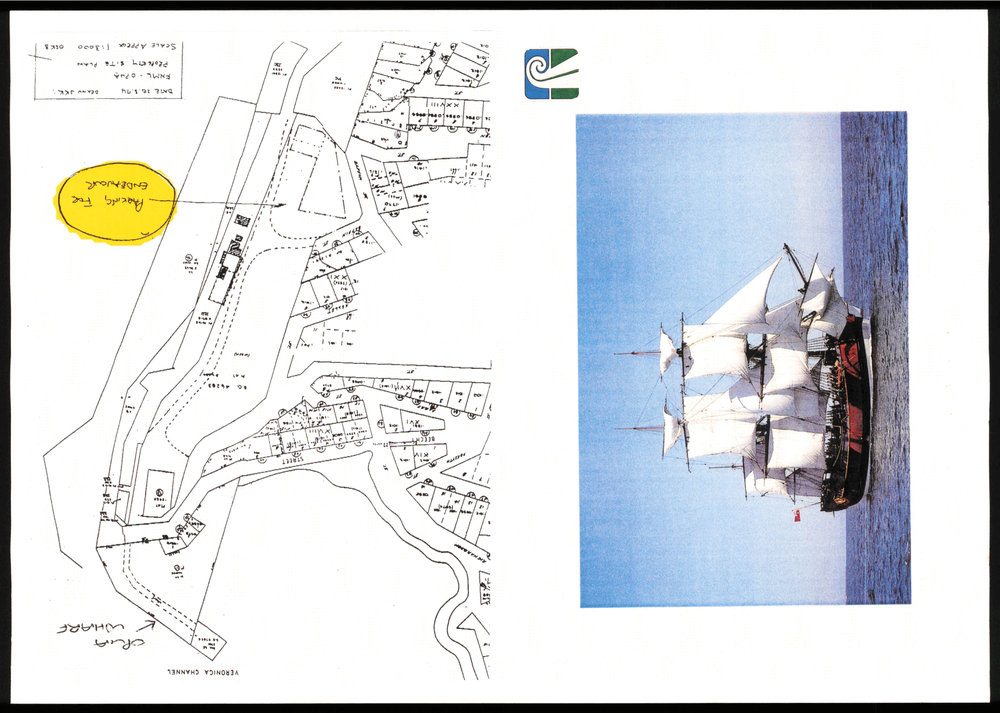 Invitation to an official ceremony to welcome The Endeavor Replica : Map of Opua with photo of HM Bark Endeavour II