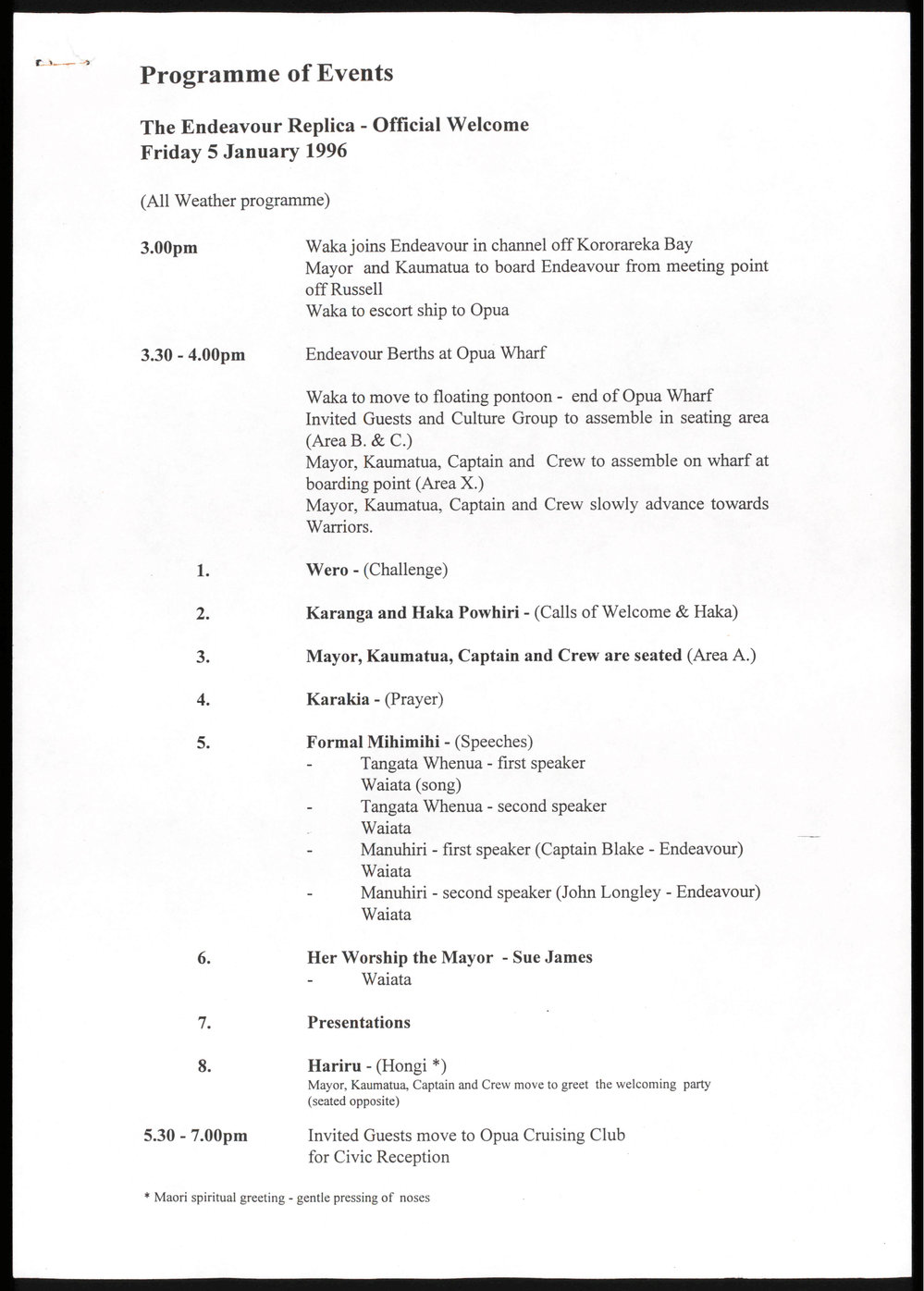 Programme of events : The Endeavour Replica - Official welcome