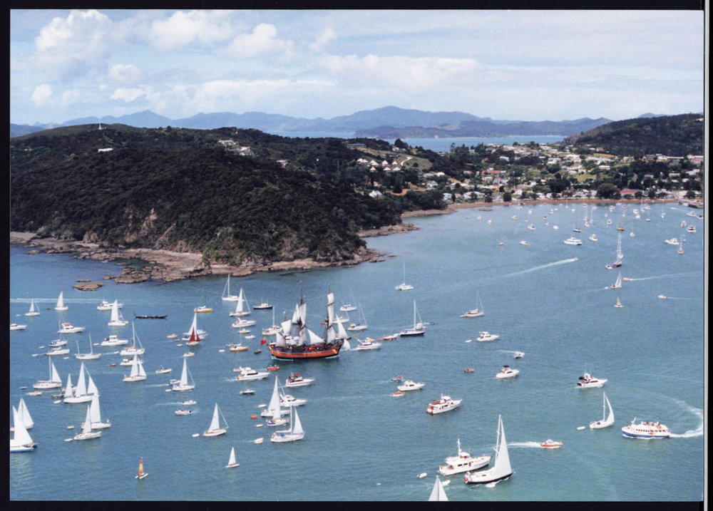 Photograph of HM Bark Endeavour II arriving at Kororareka Bay 