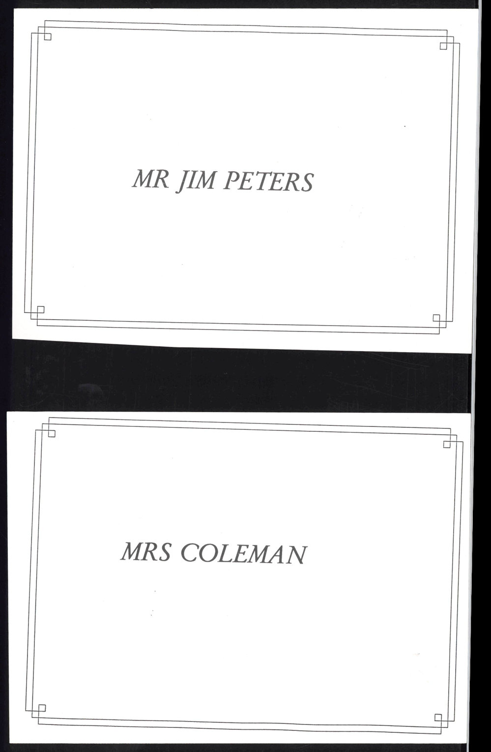 Place cards for Mr Jim Peters and Mrs Coleman