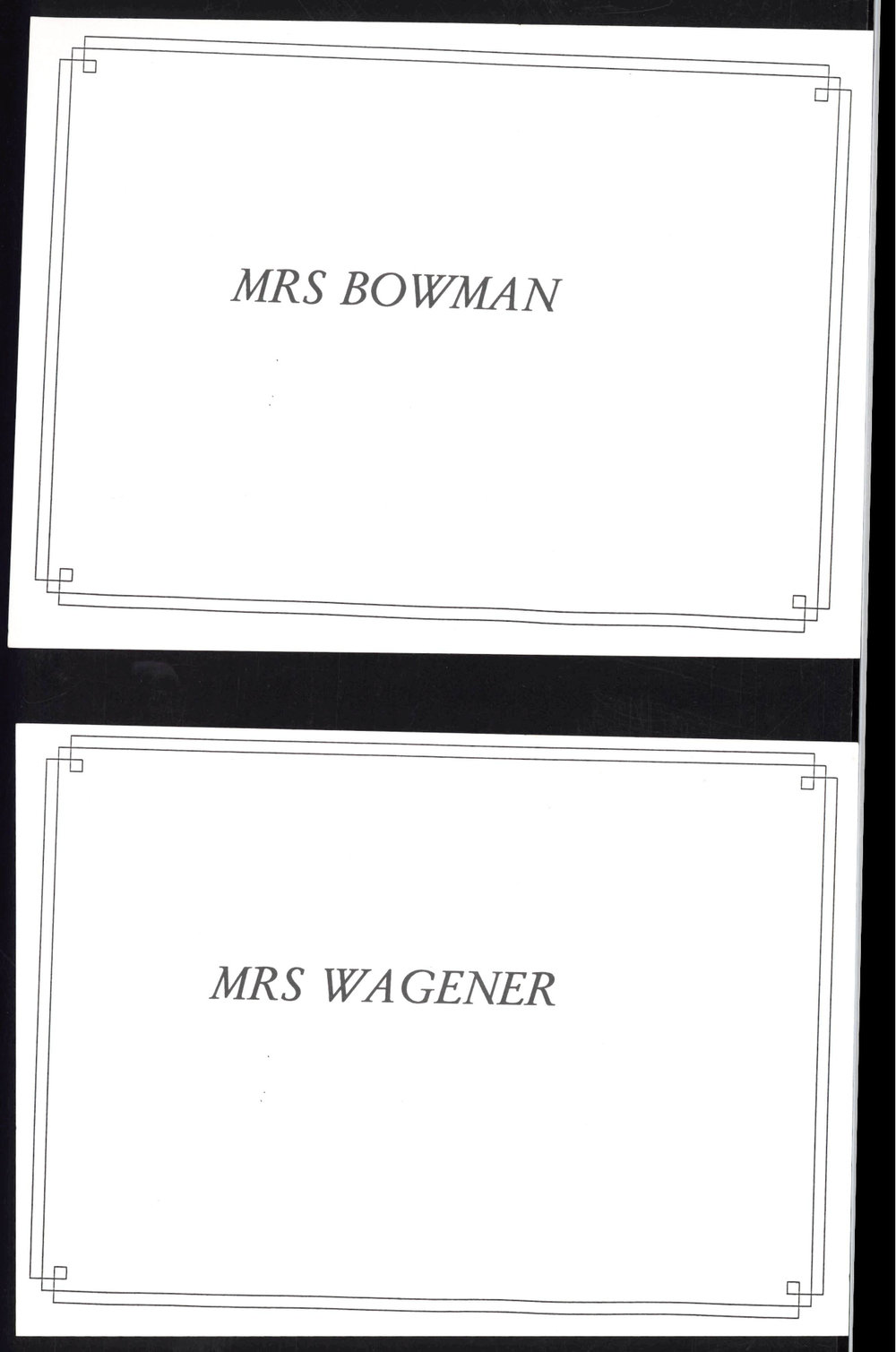 Place cards for Mrs Bowman and Mrs Wagener