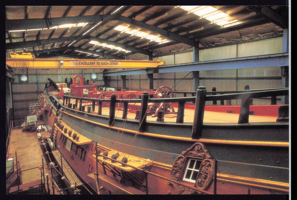 Photograph of HM Bark Endeavour II under construction a month prior to her launch