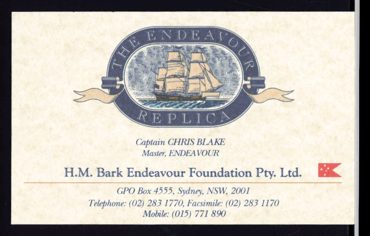 Business card of Captain Chris Blake,  Master, HM Bark Endeavour