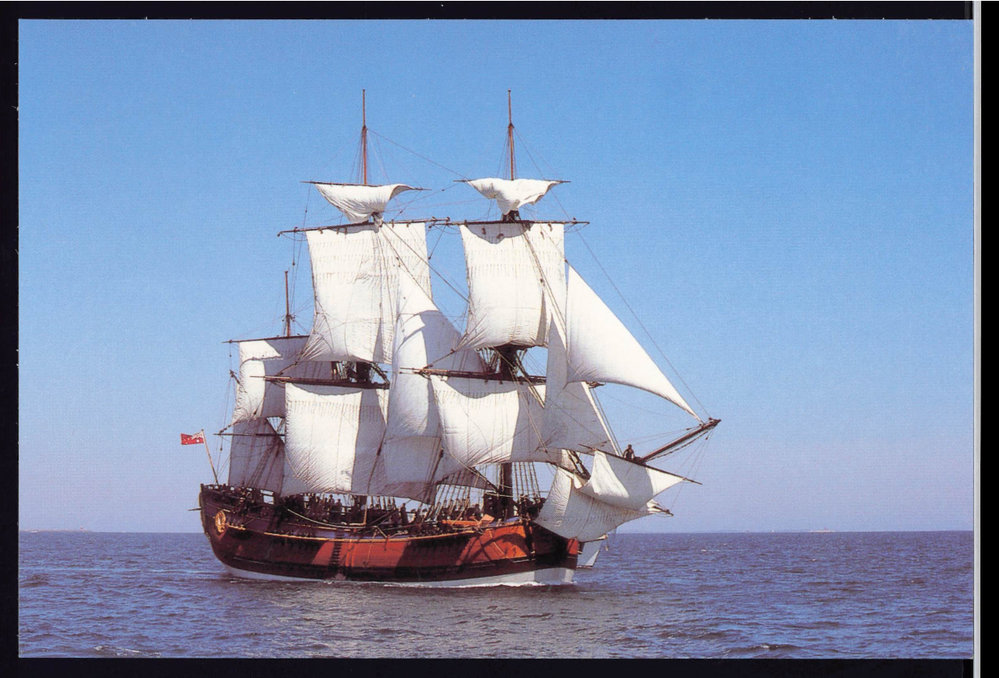 Photograph of HM Bark Endeavour II setting top gallants and spritsail topsail on Endeavour's first sail 