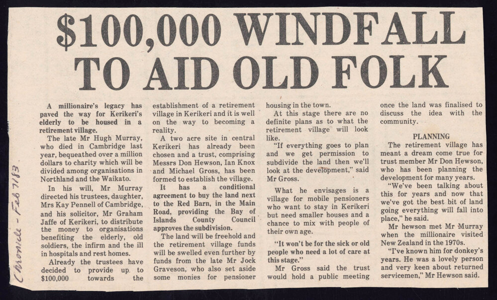 A millionaire's legacy has paved the way for a retirement village to be built in Kerikeri