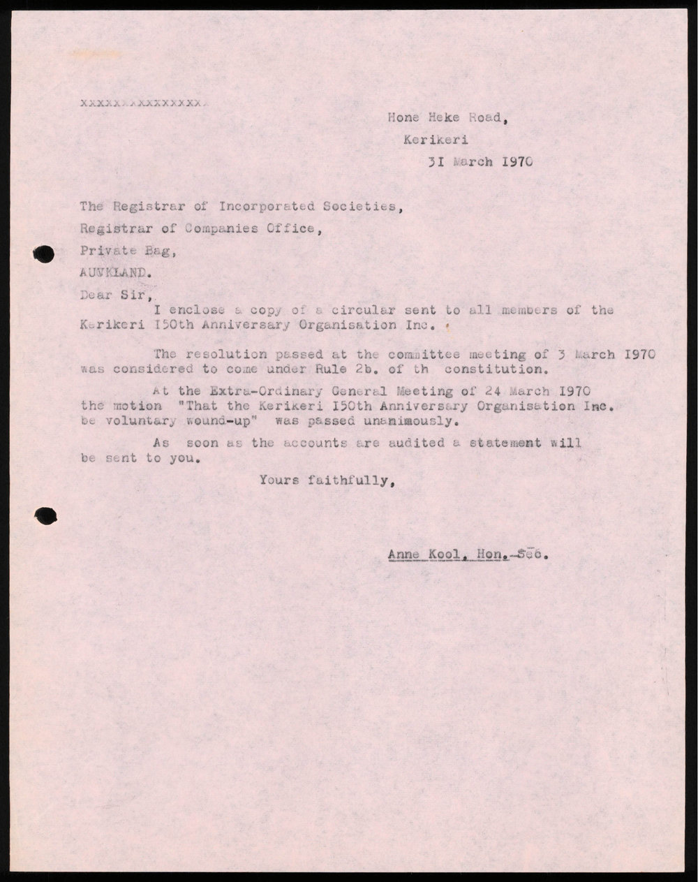 Letter from Anne Kool to The Registrar of Incorporated Societies