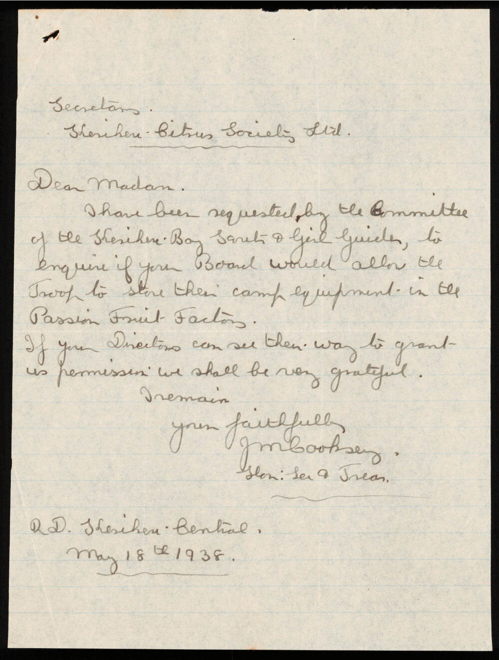 Letter from the Kerikeri Boy Scout and Girl Guide Troops to the Kerikeri Citrus Society