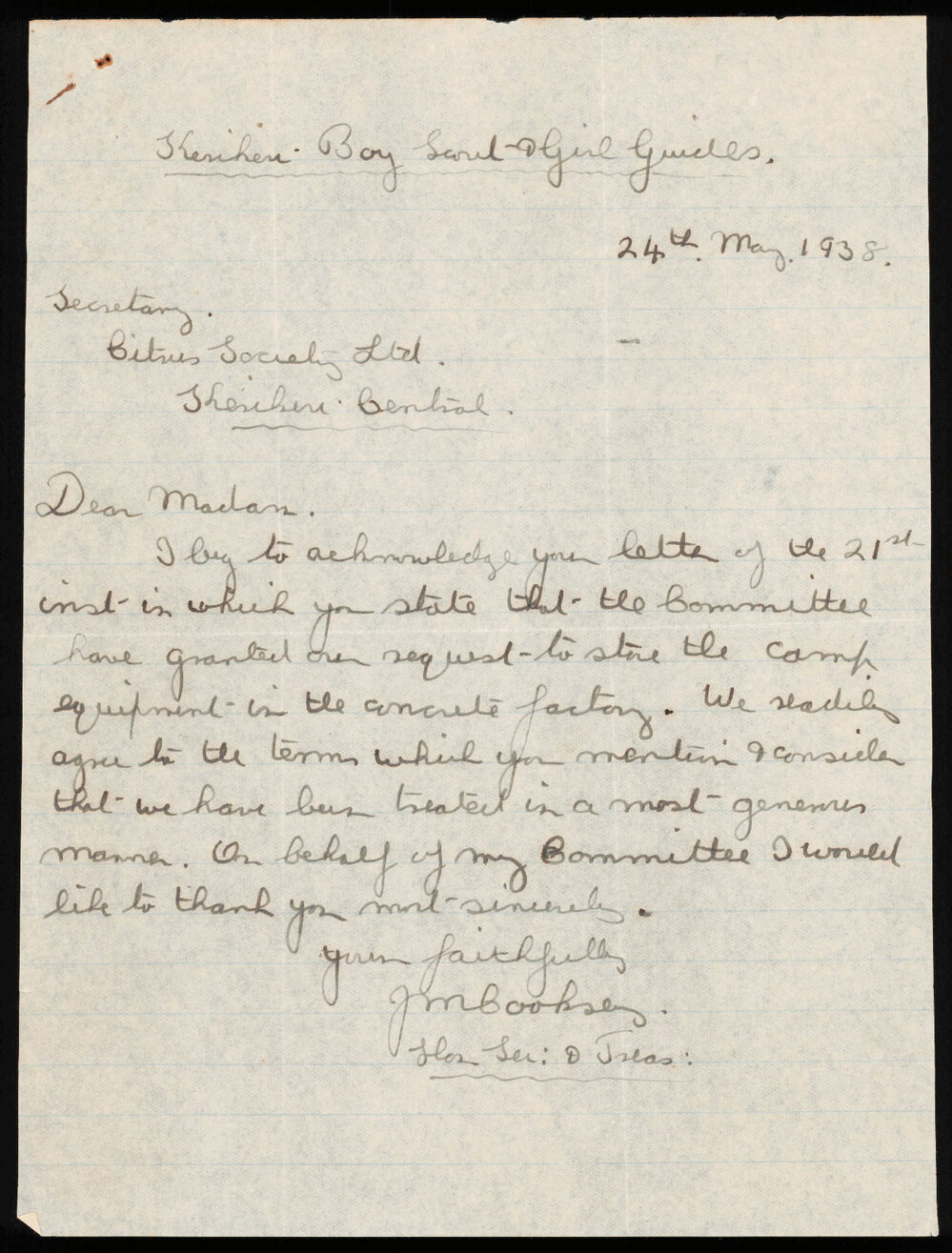 Letter from the Kerikeri Boy Scout and Girl Guide Troops to the Kerikeri Citrus Society