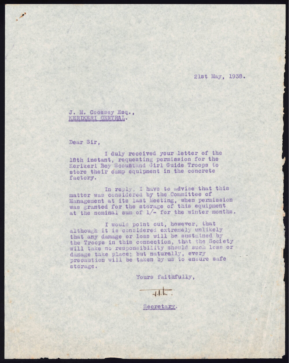 Letter from the Kerikeri Citrus Society to the Kerikeri Boy Scout and Girl Guide Troops