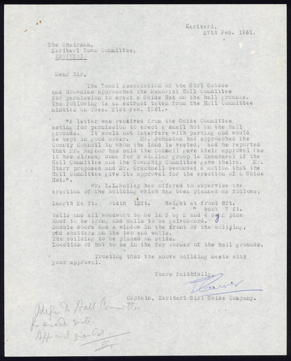 Letter from the Captain of the Kerikeri Girl Guide Company to the Chairman; Kerikeri Town Committee