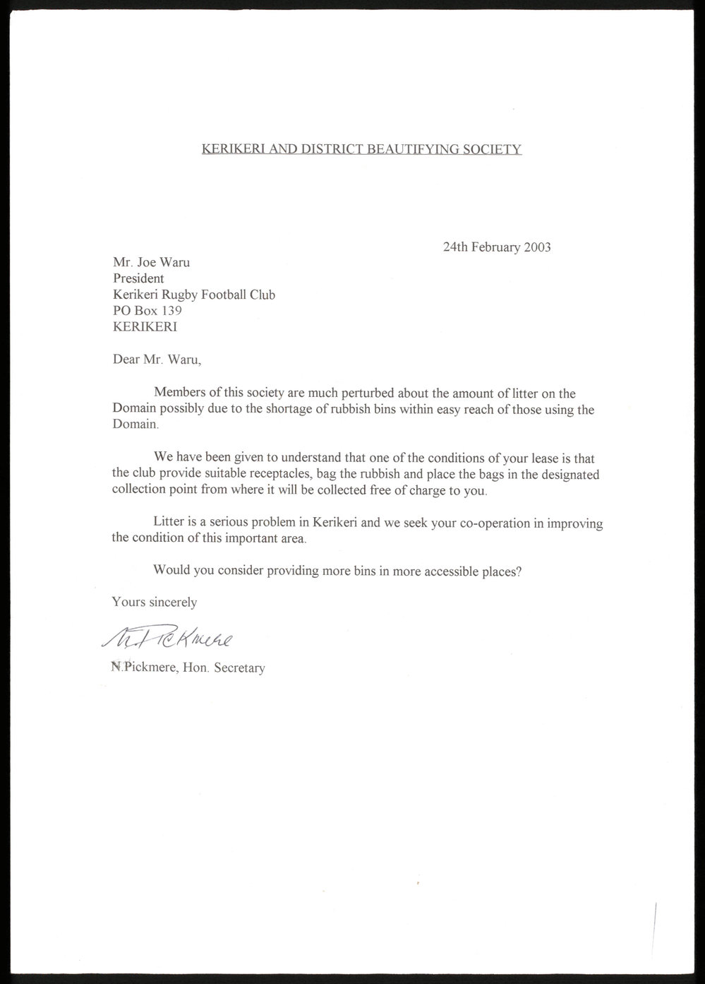 Letter from N Pickmere; Secretary of the Kerikeri and District Beautifying Society to Joe Waru; President of the Kerikeri Rugby Football Club