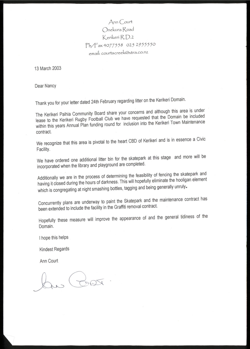 Letter from Ann Court to Nancy Pickmere