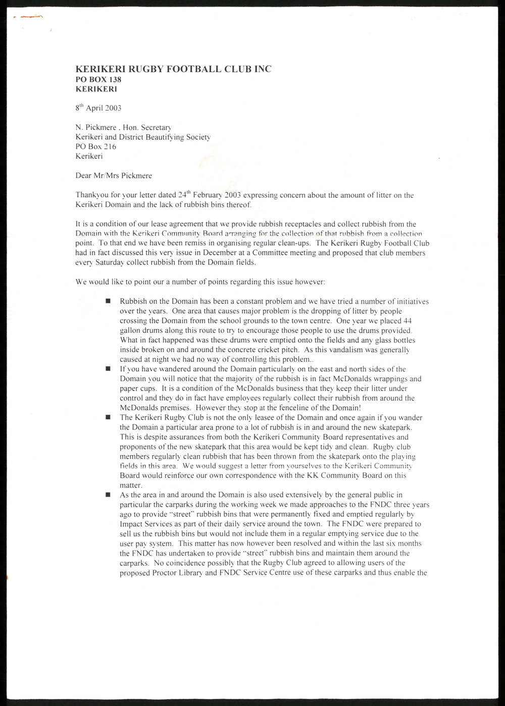 Letter from Brian Mather; Treasurer of the Kerikeri Rugby Football Club to N. Pickmere; Secretary of the Kerikeri and District Beautifying Society