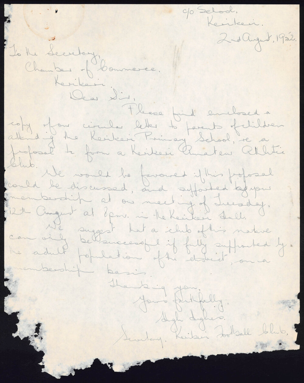 Letter from Hugh Douglas to The Secretary of the Kerikeri Chamber of Commerce