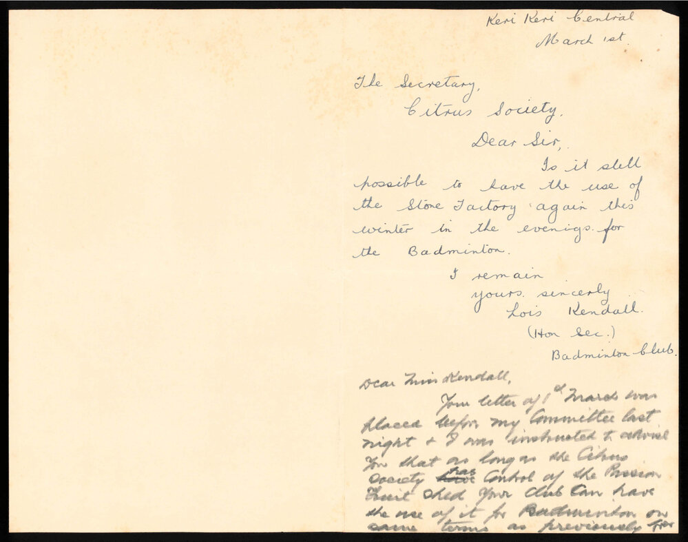 Letter from Lois Kendall to The Secretary of the Citrus Society
