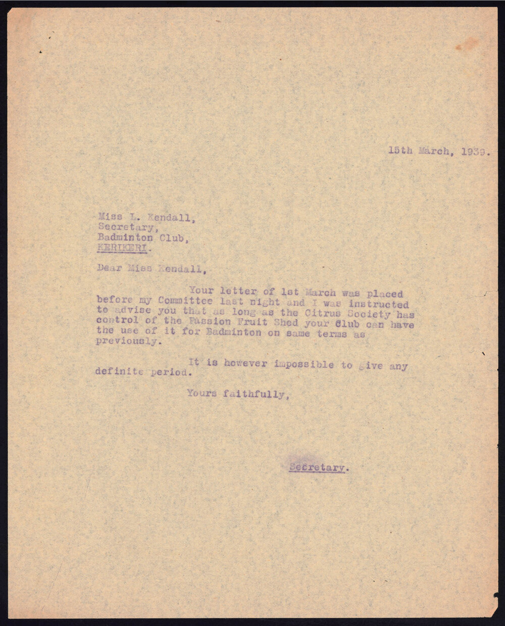 Letter from The Secretary of the Citrus Society to Lois Kendall