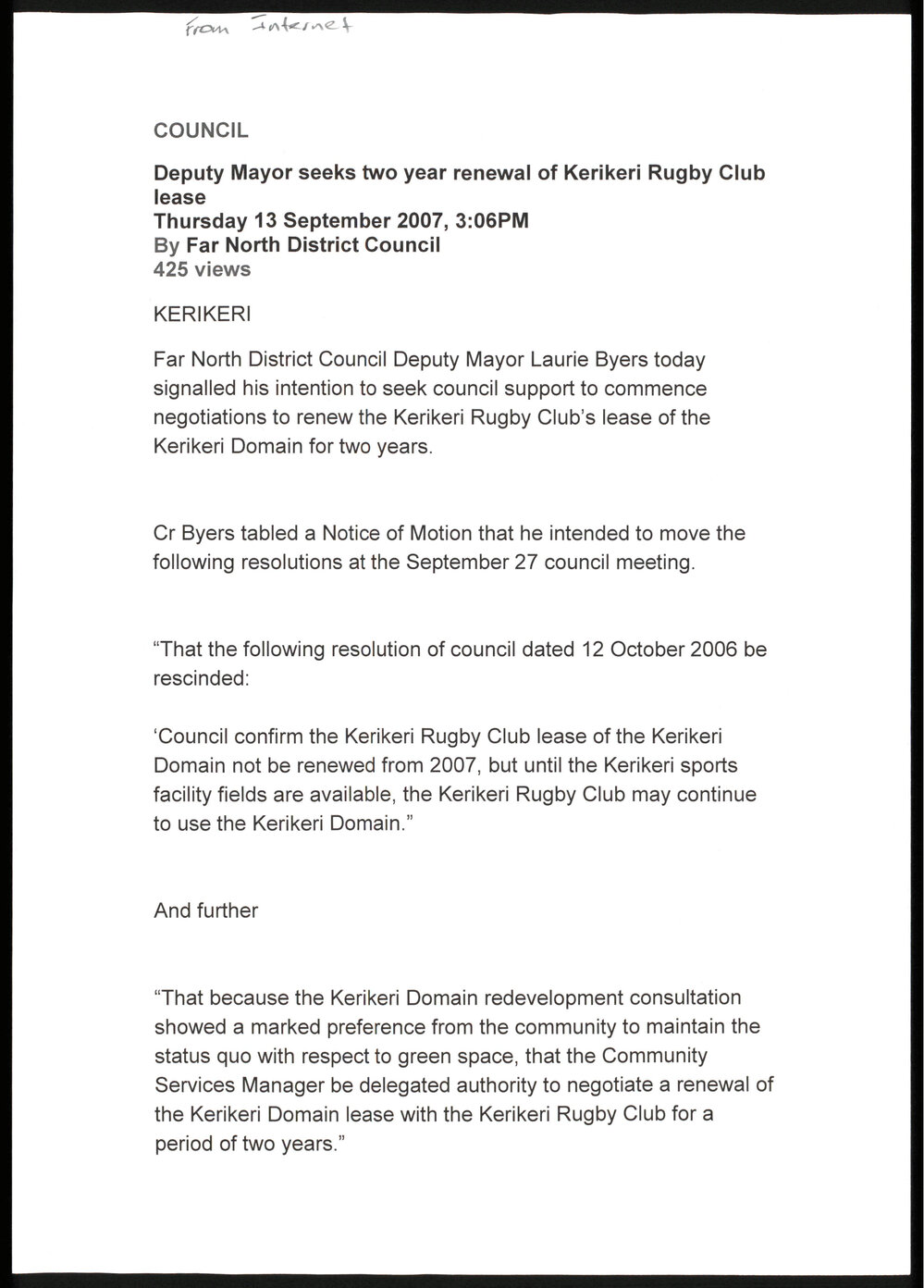 Council : Deputy Mayor seeks two year renewal of Kerikeri Rugby Club lease