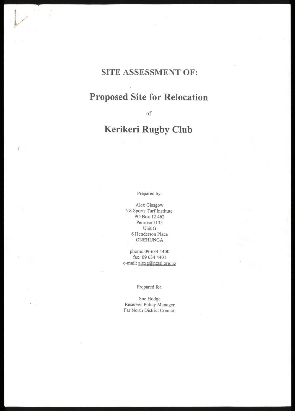Site assessment of: Proposed site for relocation of Kerikeri Rugby Club