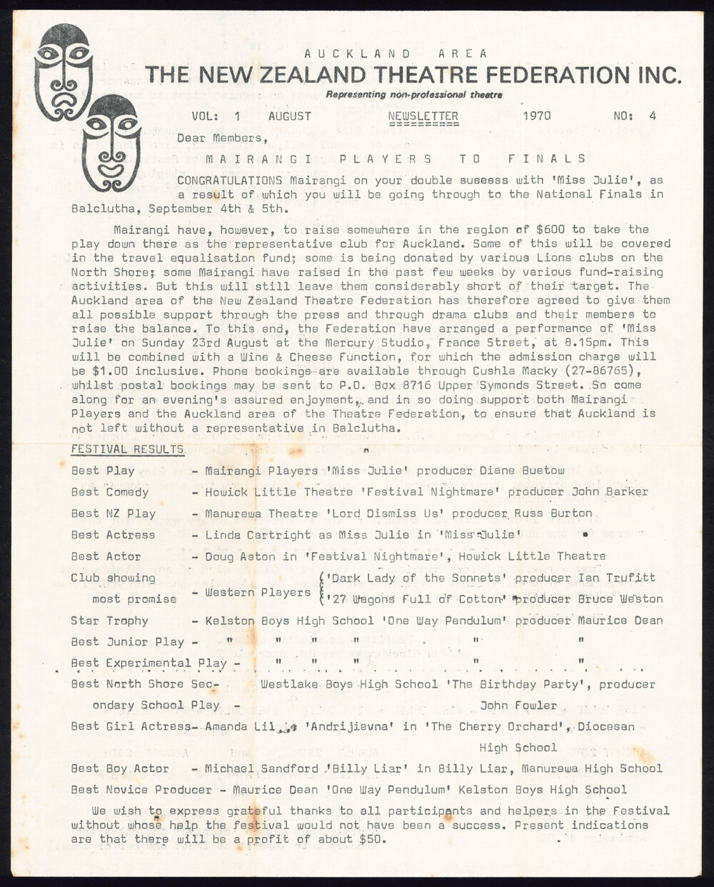 The New Zealand Theatre Federation Inc.; Vol. 1 August Newsletter 1970