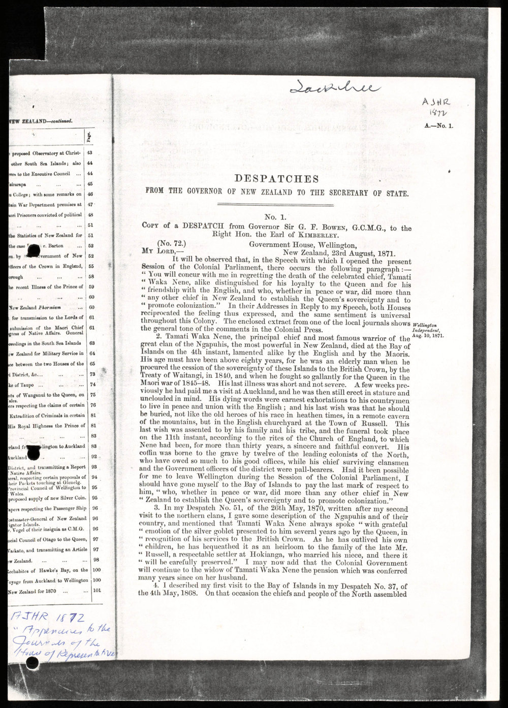 Despatches from the Governor of New Zealand to the Secretary of State, 1872