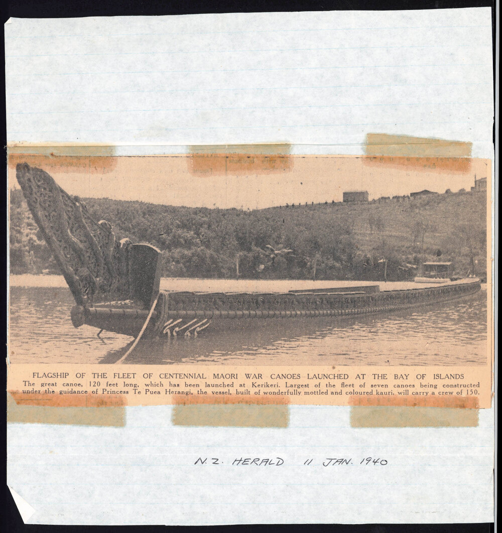 Flagship of the fleet of centennial Maori war canoes launched at the Bay of Islands