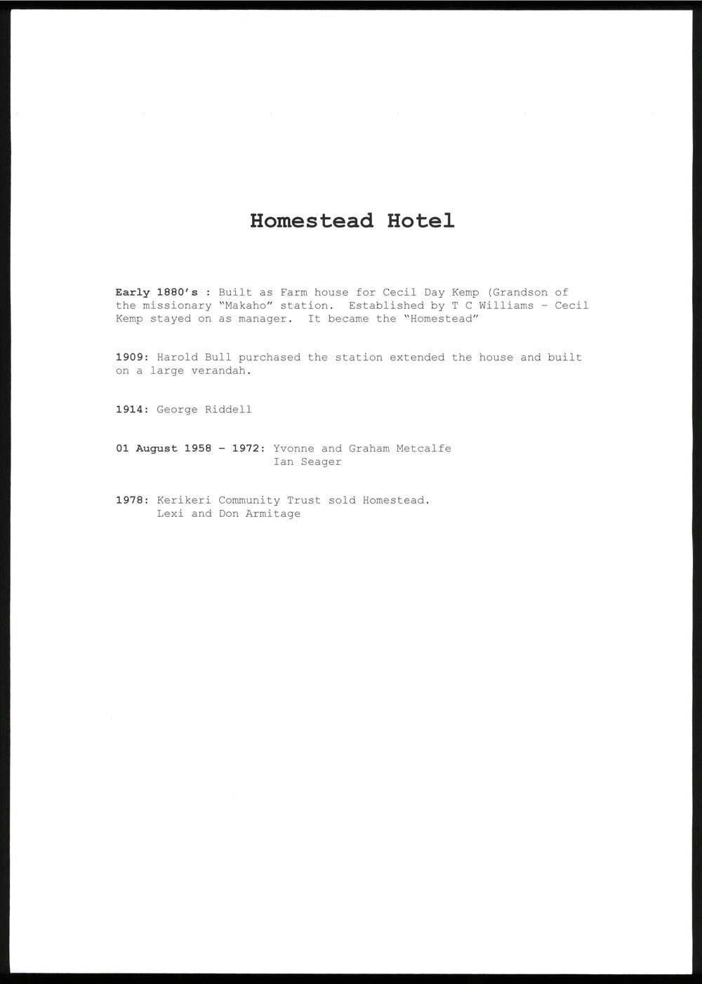 Homestead Hotel : timeline