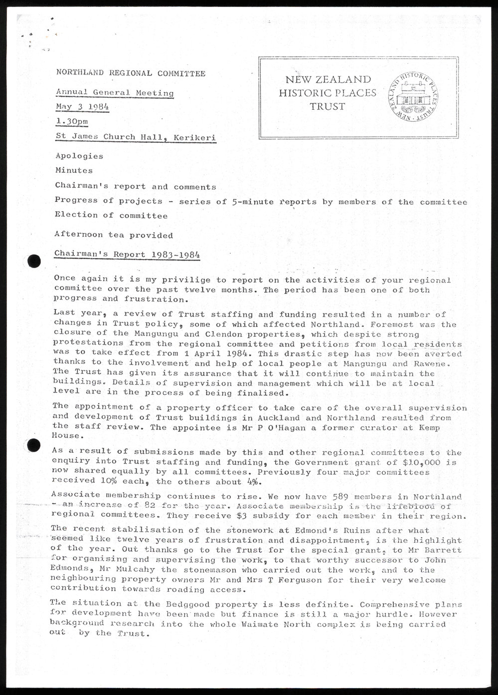 Minutes of the 1984 Annual General Meeting of the Northland Regional Committee of the Historic Places Trust 