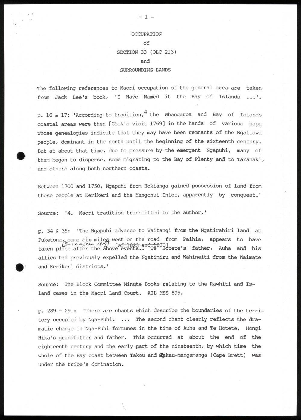 Occupation of Section 33 (OLC 213) and Surrounding Lands