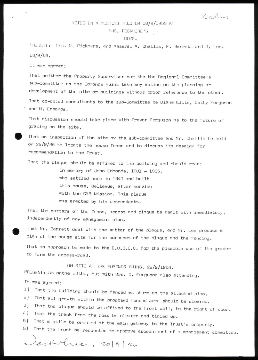 Notes on a meeting held on 18/09/1986