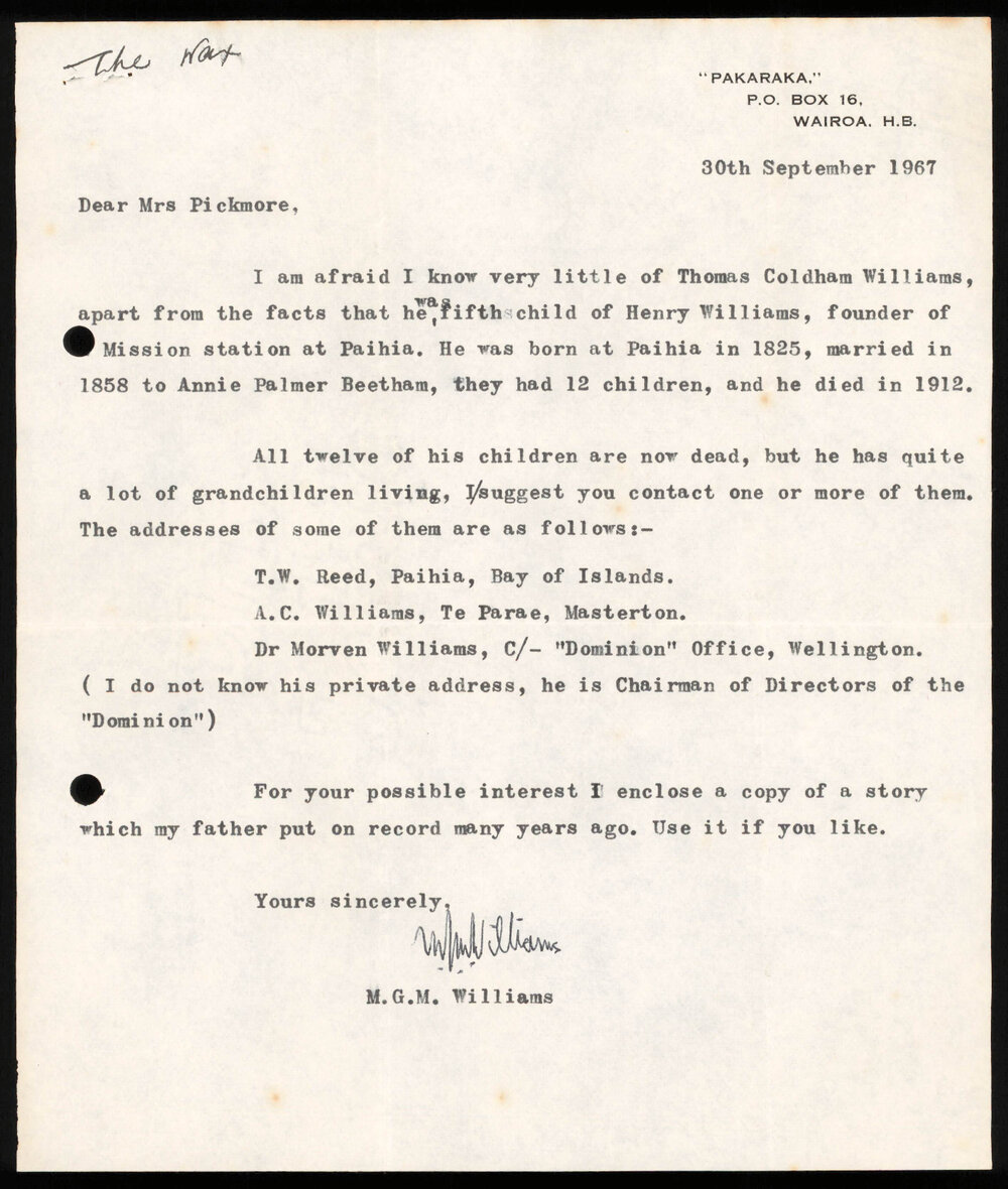 Letter from M.G.M Williams to Nancy Pickmere