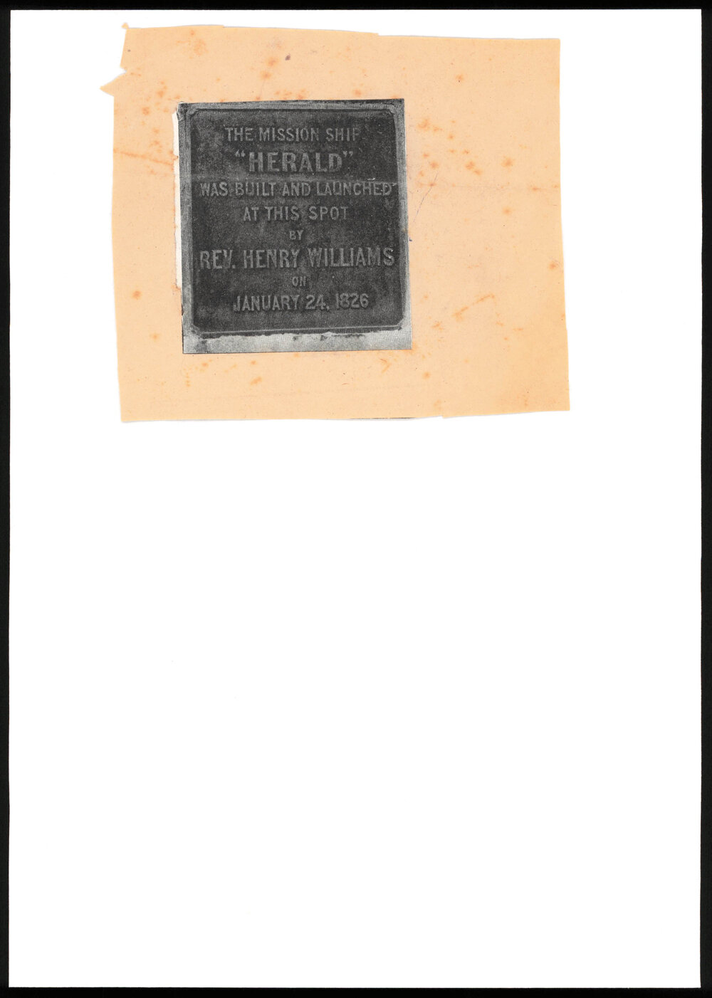 Plaque commemorating the launch of the Mission ship "Herald"