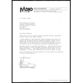 Letter from David Lindsay, Radio New Zealand, Replay Radio, to Catharine Ferguson
