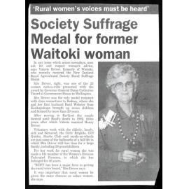 Rural women's voices must be heard' : Society Suffrage Medal for former Waitoki woman