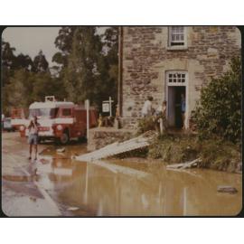 Fire engine outside the flooded Stone Store