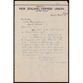 Letter from Stan Bates to the Kerikeri Chamber of Commerce