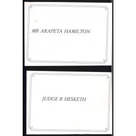 Place cards for Arapeta Hamilton and Judge R Hesketh