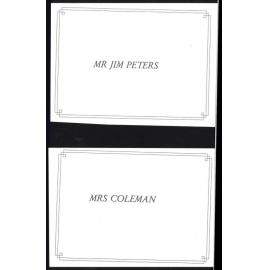 Place cards for Mr Jim Peters and Mrs Coleman