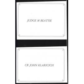 Place cards for Judge M Beattie and CR John Klaricich