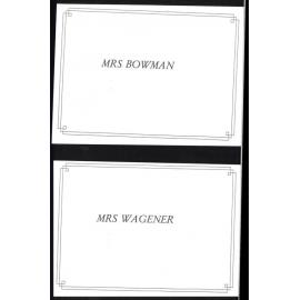 Place cards for Mrs Bowman and Mrs Wagener