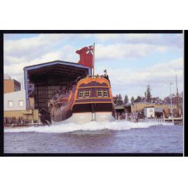 Photograph of HM Bark Endeavour II coming off the ways into Fremantle fishing boat harbour