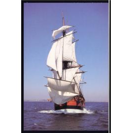 Photograph of HM Bark Endeavour II sailing before the Fremantle doctor for the first time