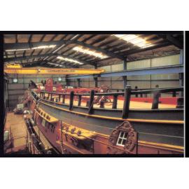 Photograph of HM Bark Endeavour II under construction a month prior to her launch